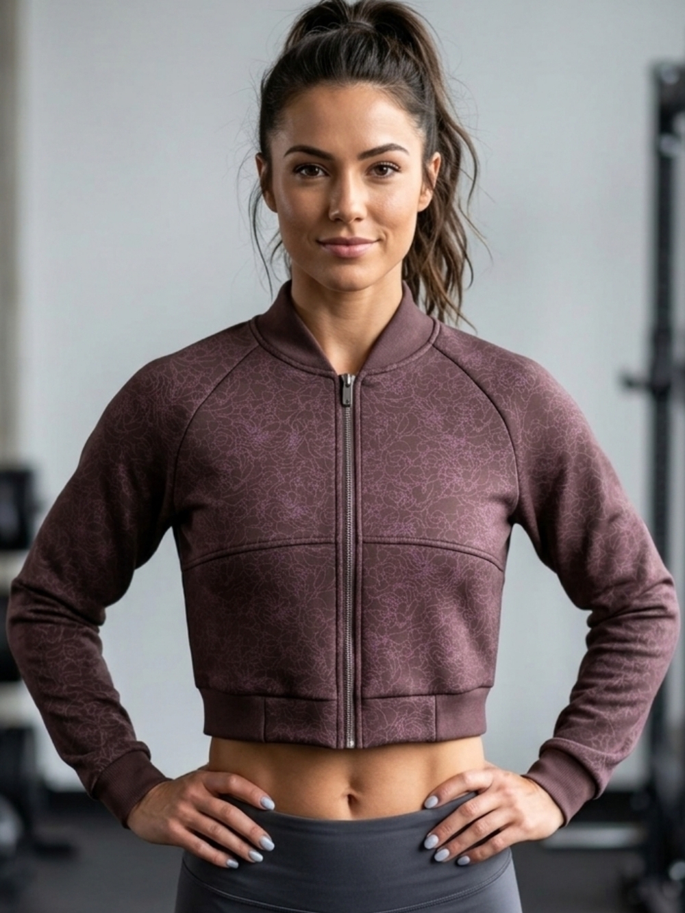 Balance Athletica Flight Full Zip Brown Floral Lined Crop Bomber Jacket! Size M
